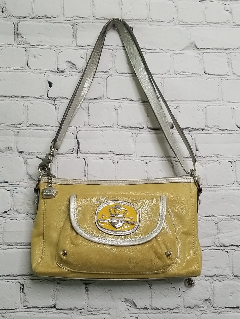 Kathy Van Zeeland vintage purse Mustard Suede w/gray leather trim GUC